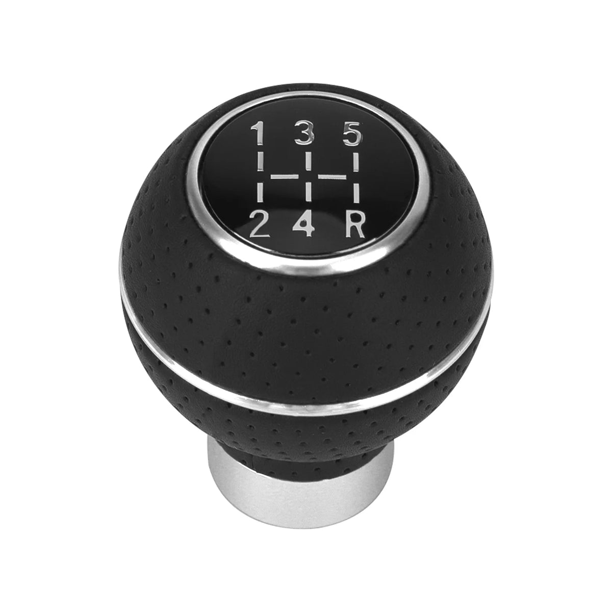 A round, black gear shift knob with numbered and lettered markings for a universal 5-speed transmission.