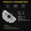 A white car door shadow light projector with an LED, showing product parameters and features.