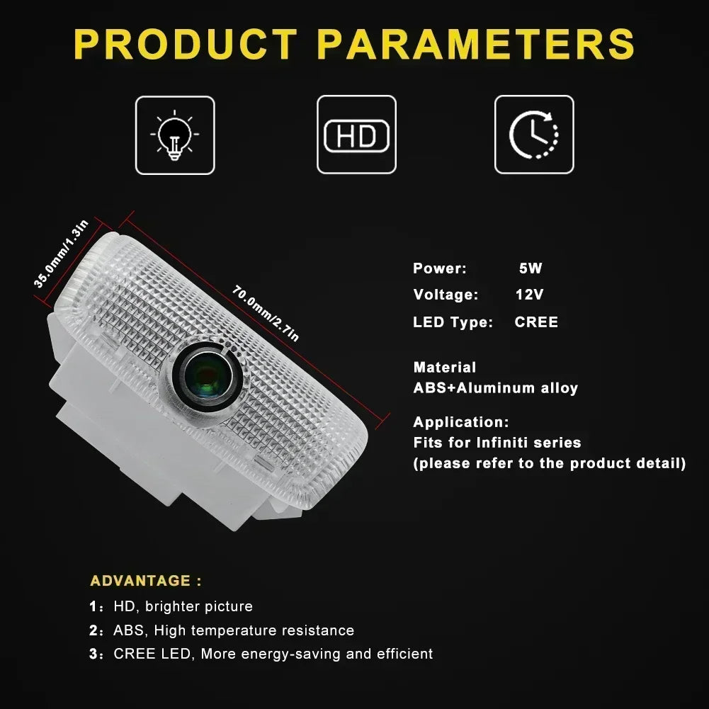 A white car door shadow light projector with an LED, showing product parameters and features.
