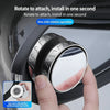 A hand rotates a silver mirror attachment to install it in a car blind spot, demonstrating a one-click rotation operation.