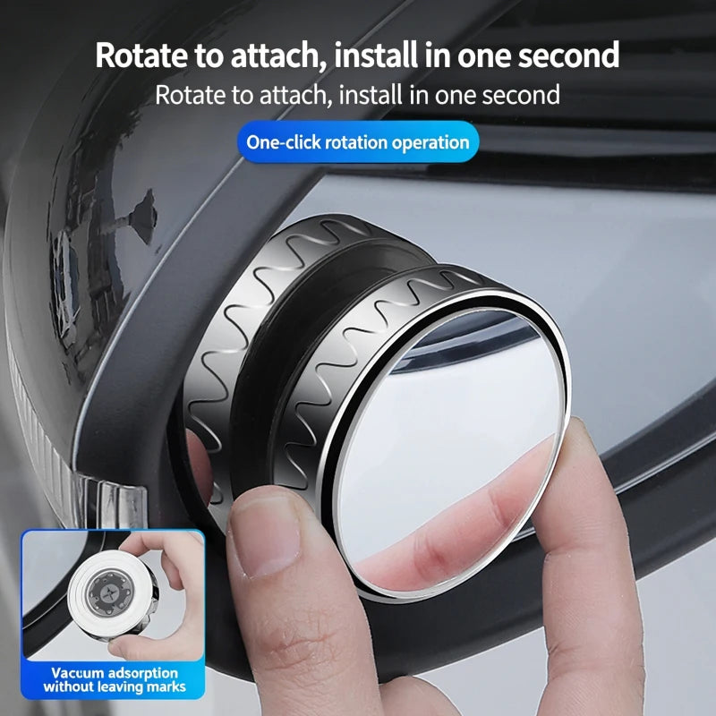 A hand rotates a silver mirror attachment to install it in a car blind spot, demonstrating a one-click rotation operation.