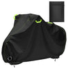 Black waterproof bicycle cover with neon yellow reflective strips and lock holes shown next to a storage container.