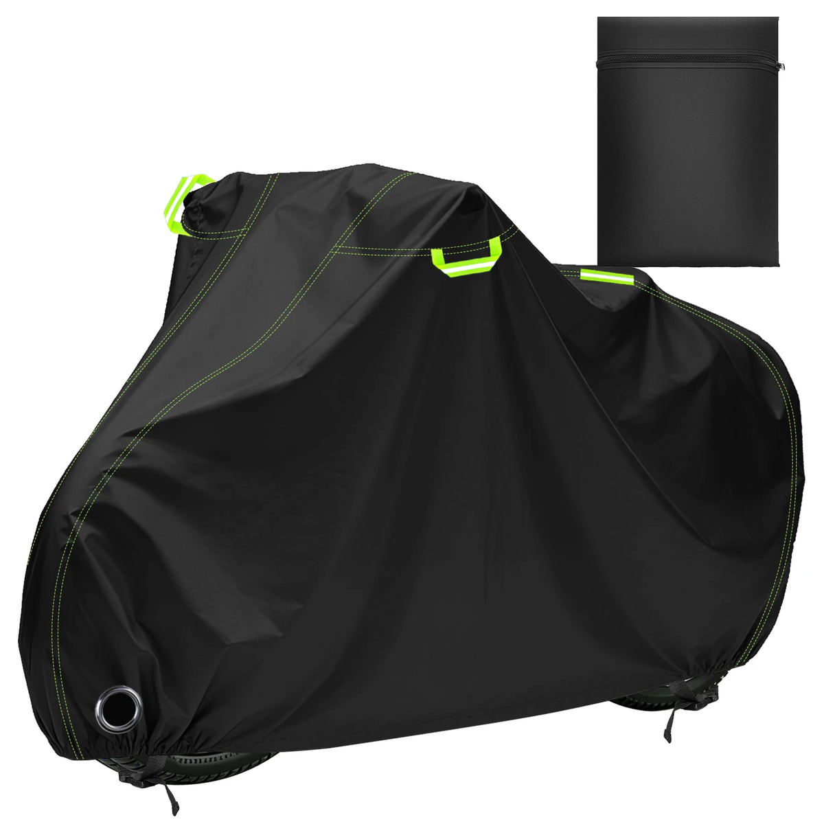 Black waterproof bicycle cover with neon yellow reflective strips and lock holes shown next to a storage container.