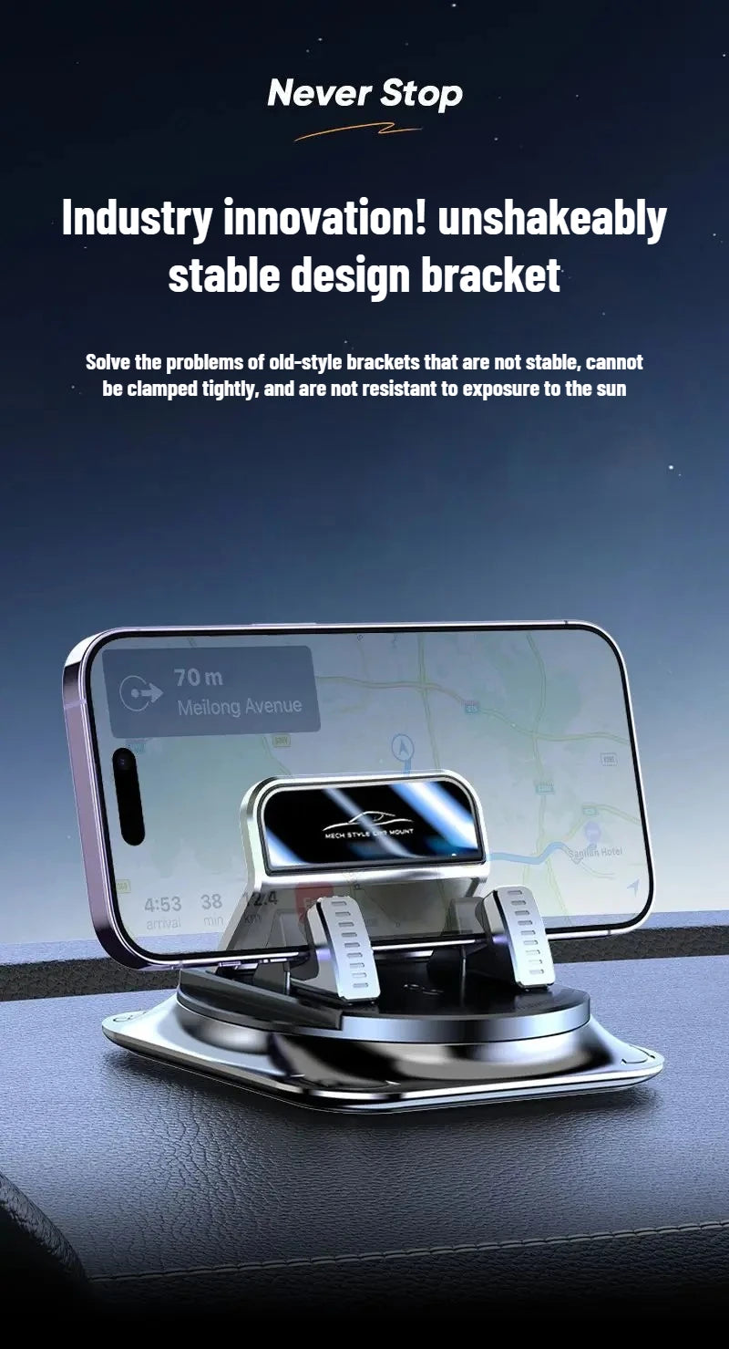 Silberner 360-Grad-drehender Handyhalter für das Auto, auf einer dunklen Oberfläche.