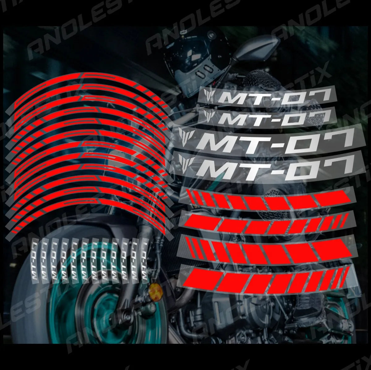 Close-up of a motorcycle wheel featuring red and black reflective decals for the Yamaha MT-07.