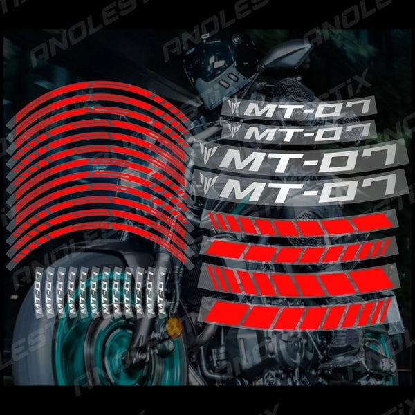 Close-up of a motorcycle wheel featuring red and black reflective decals for the Yamaha MT-07.