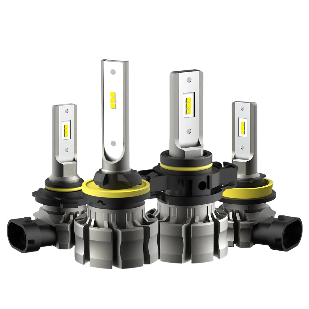 Three high-performance LED car fog lights with silver housings and yellow lenses mounted on black bases