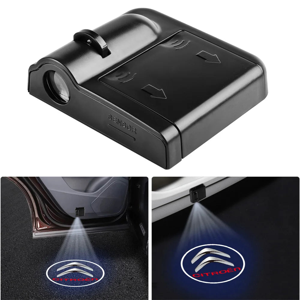 Black wireless LED car door welcome light projector with a Citroën logo