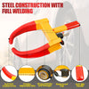A yellow and red steel construction tire lock with a waterproof cap and anti-slip handle shown against a car wheel.