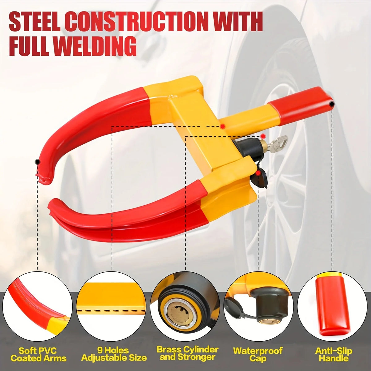A yellow and red steel construction tire lock with a waterproof cap and anti-slip handle shown against a car wheel.