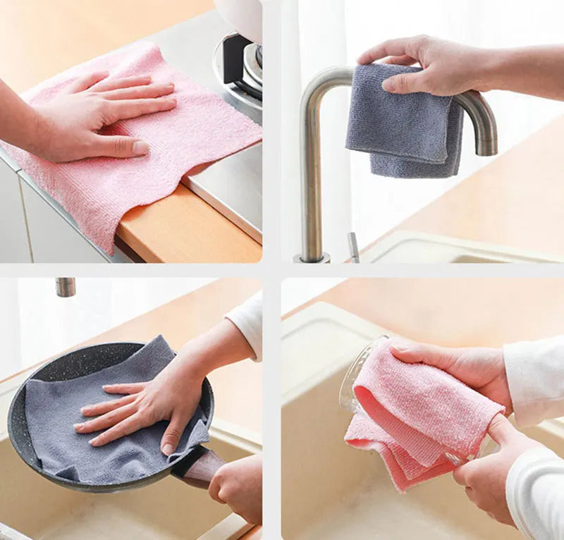 Hands are shown cleaning a sink with reusable pink and gray microfiber towels.