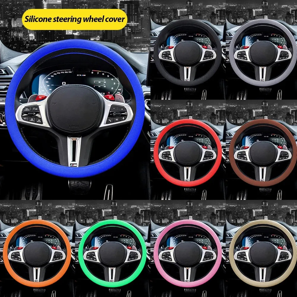 Various colored silicone steering wheel covers shown on a car steering wheel.