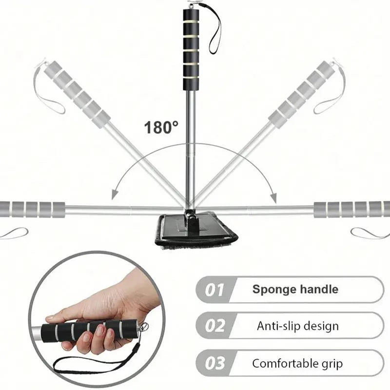 A telescopic windshield cleaning brush with a sponge head and anti-slip design shown at an 180-degree angle.