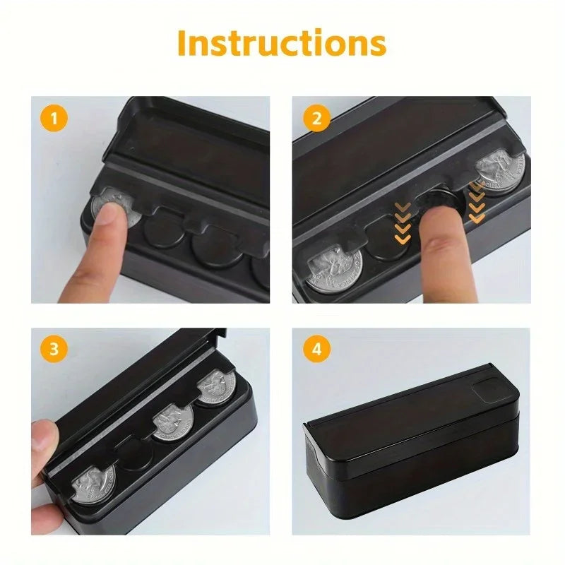 Instructions showing how to open and close a universal coin storage box for car and home