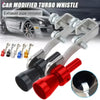 A silver exhaust pipe simulator fitting for a car turbo whistle, shown alongside the actual component.