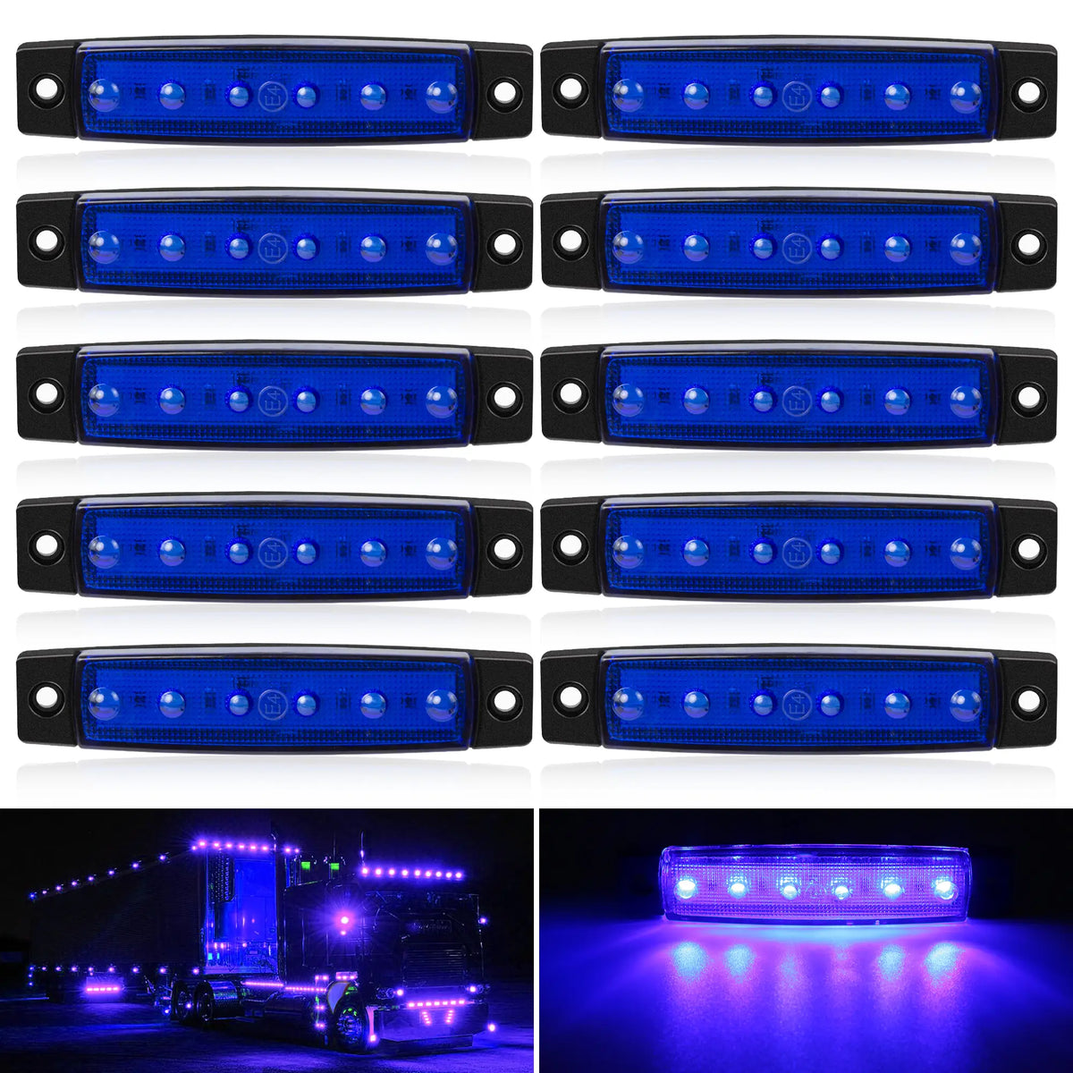 Plusieurs rangées de lumières de marque LED bleues montées sur un boîtier noir, suivi d'un gros plan des lumières illuminant 