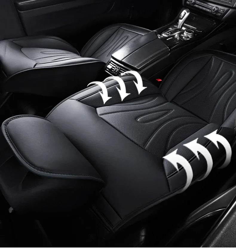 Black premium PU leather car seat covers with white stitching and textured upholstery shown in a vehicle interior.