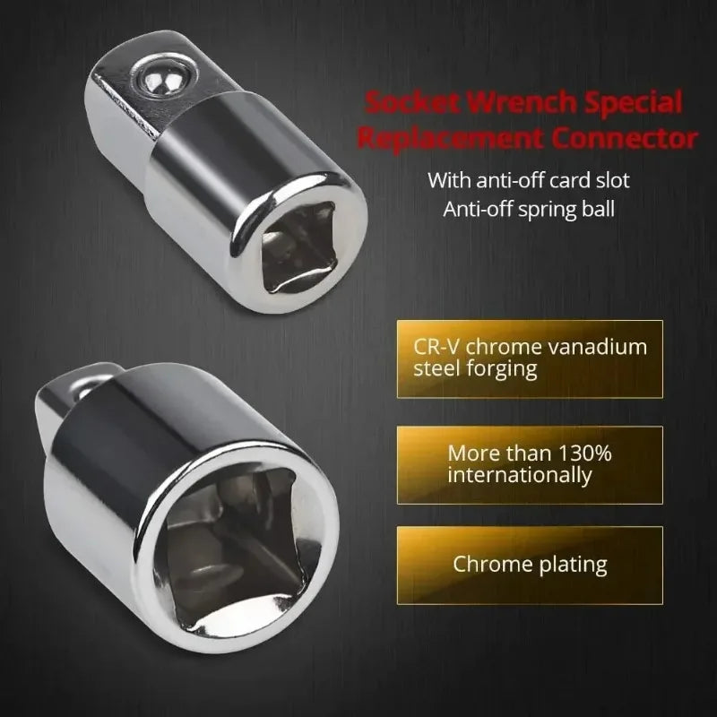 A silver socket wrench special replacement connector with an anti-off spring ball and chrome plating.