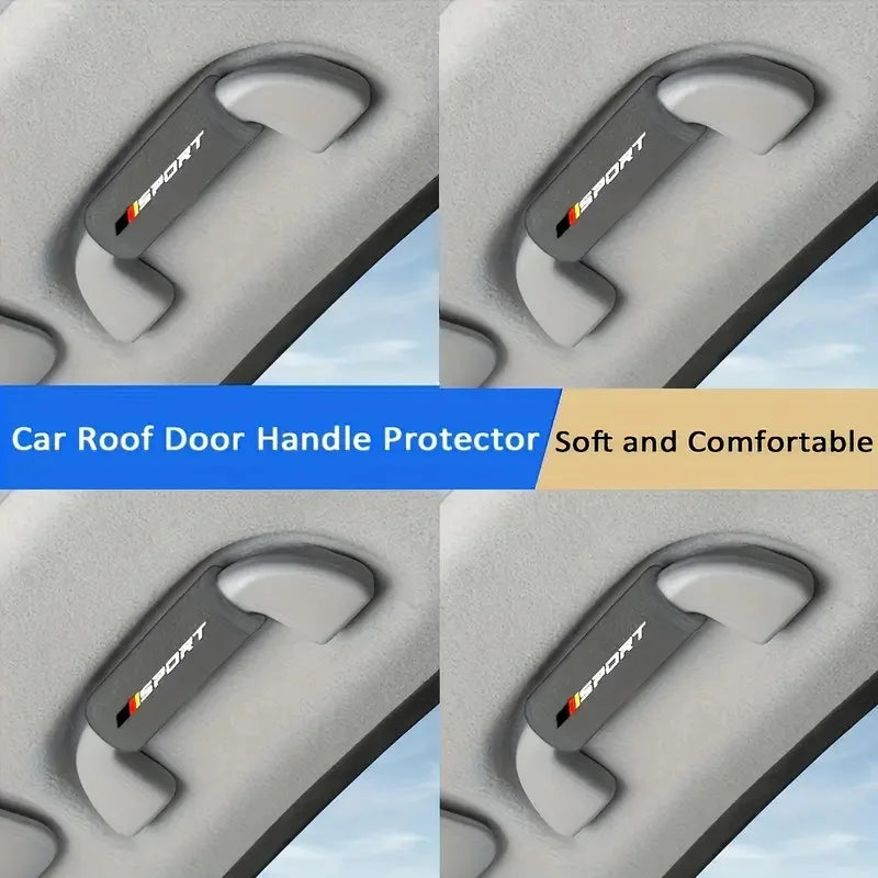 A set of black Sport car roof door handle protectors installed on a gray car roof.