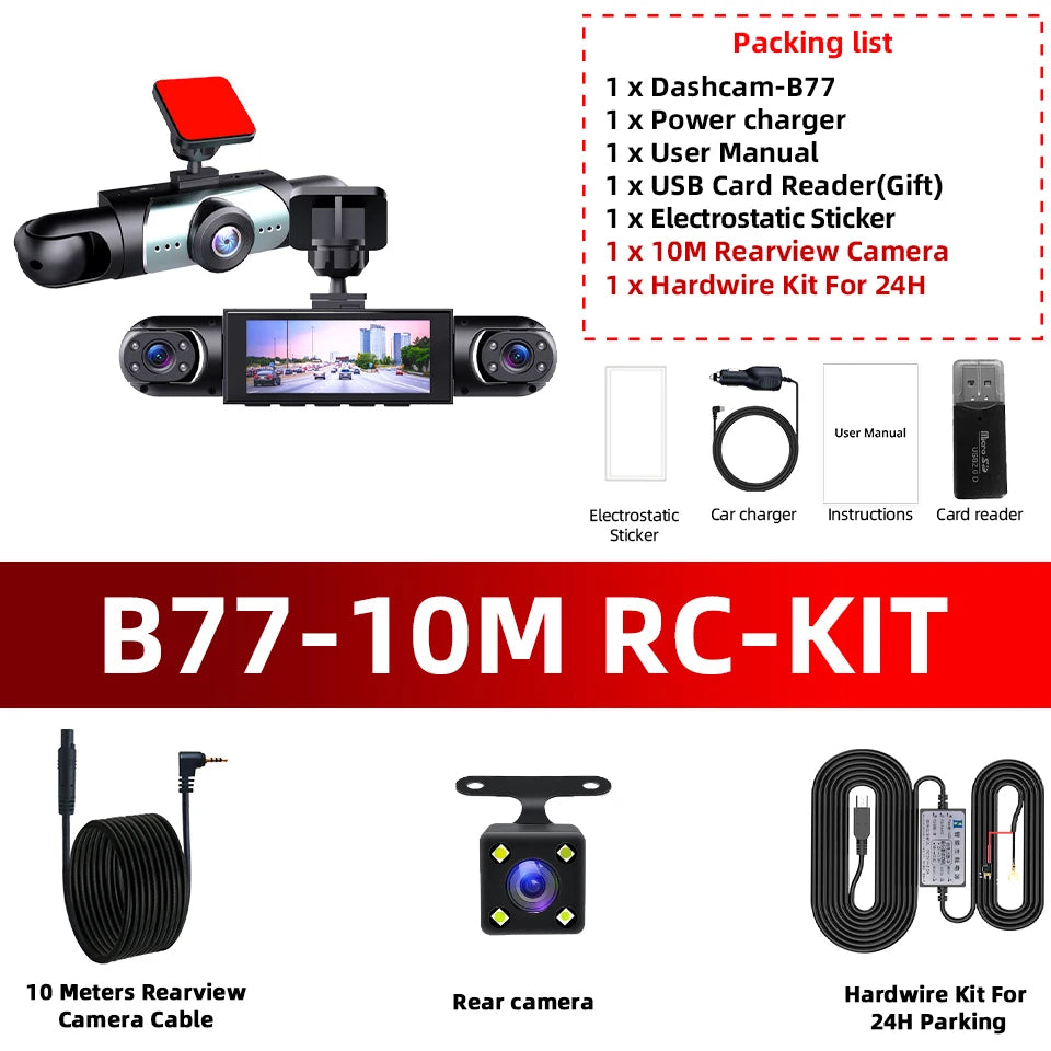 مجموعة B77-10M RC تشمل كاميرا داش، وشاحن طاقة، ودليل مستخدم، وملصق إلكتروستاتيكي، ومجموعة قطع للأجهزة لتأمين 24 ساعة.