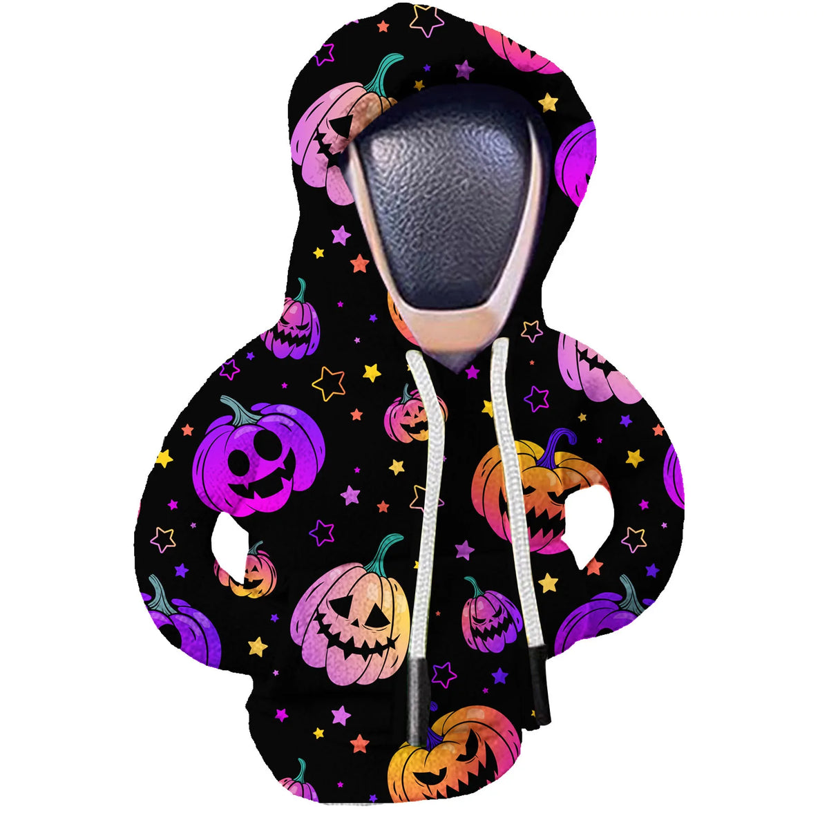 A black fabric shift cover featuring a vibrant pattern of purple and orange pumpkins and stars.