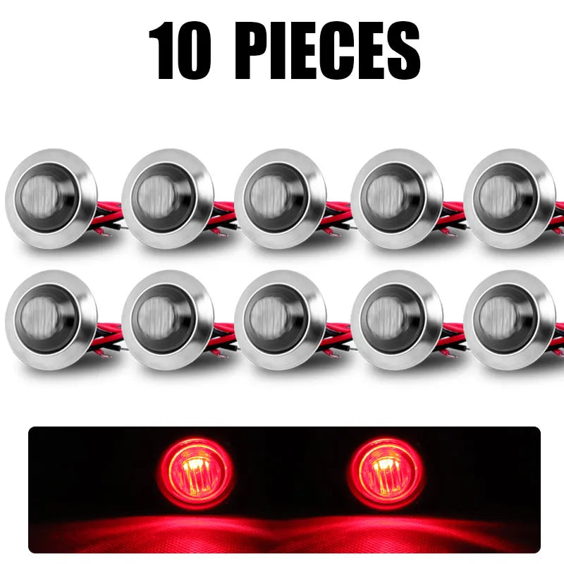 Ten pieces of high-intensity LED marker lights arranged in a row, with an example showing the light's bright red illumination