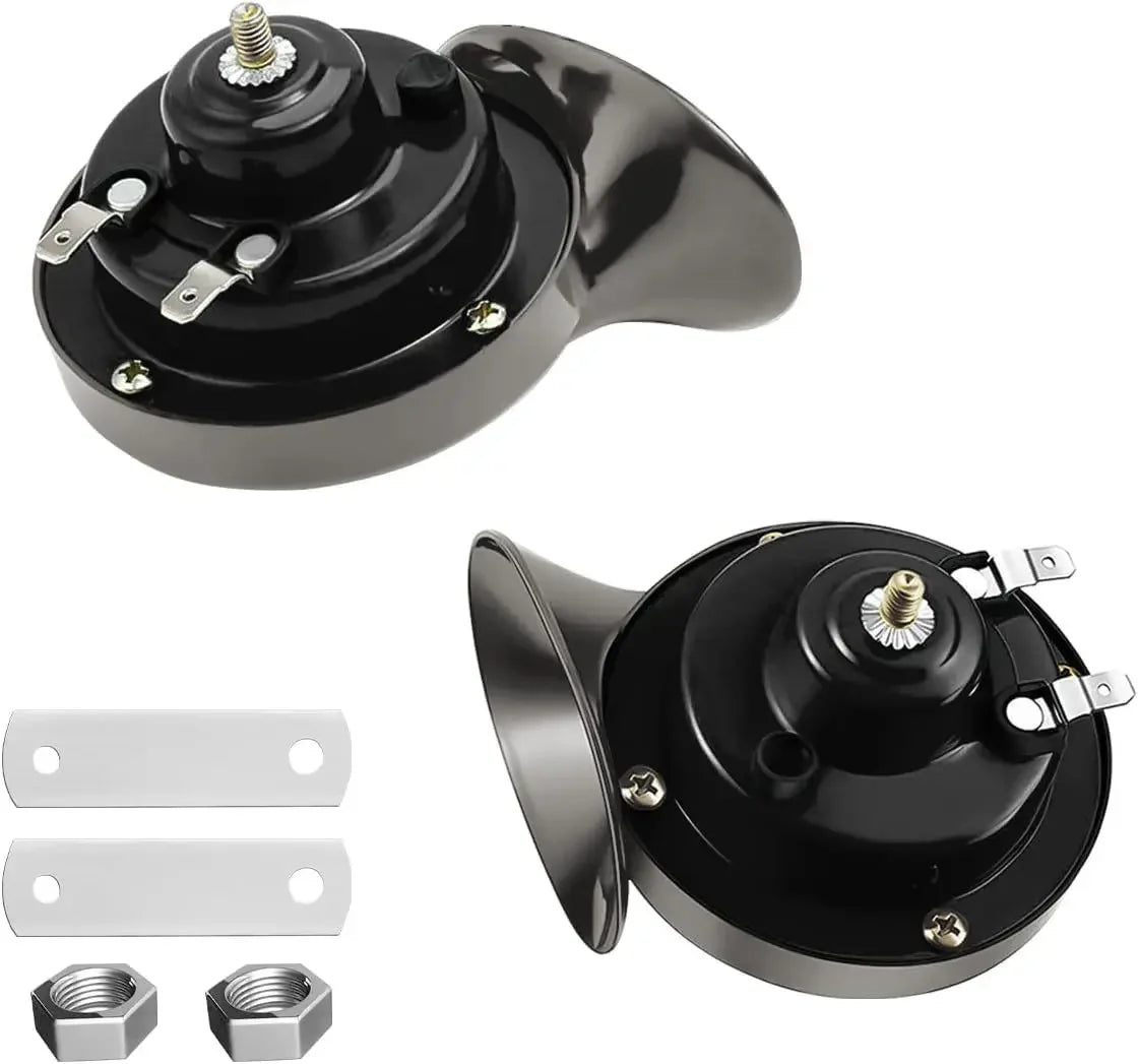 A set of black 12V electric air horn components including a horn unit and mounting plates.