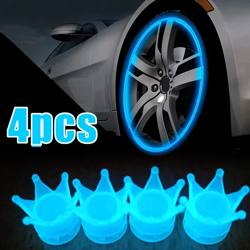 Quatre bouchons de valve bleus lumineux pour roues, affichés à côté d'une jante de voiture.
