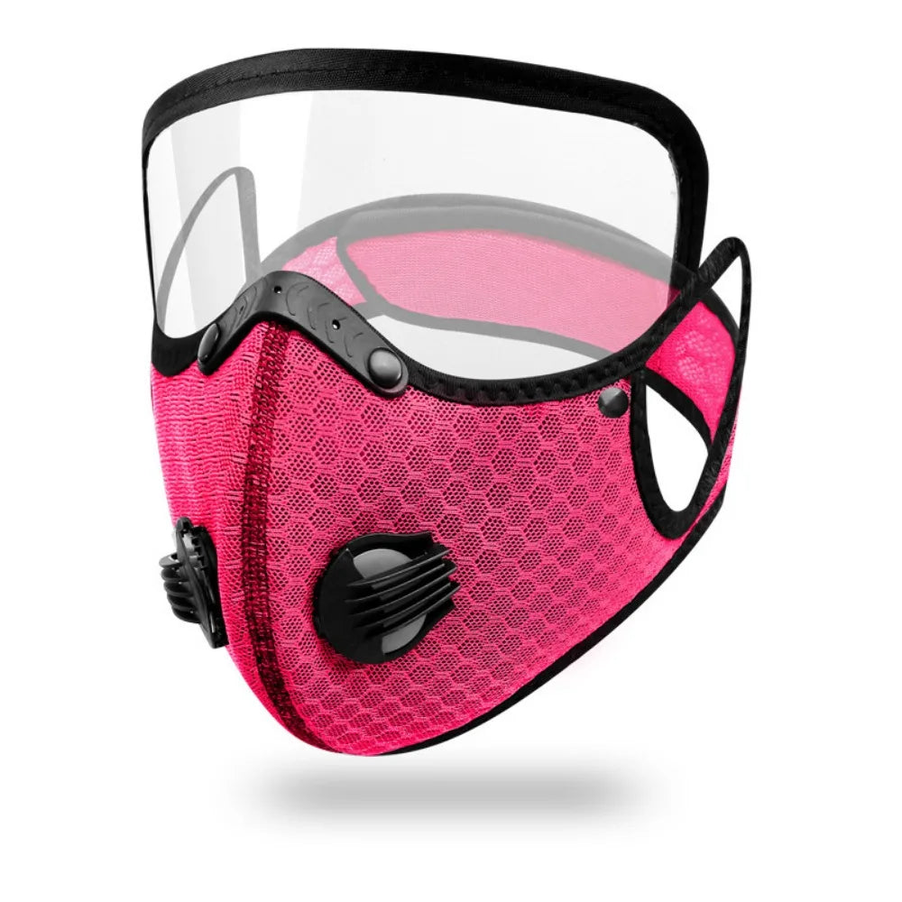 A bright pink breathable cycling and outdoor face mask with a clear visor.