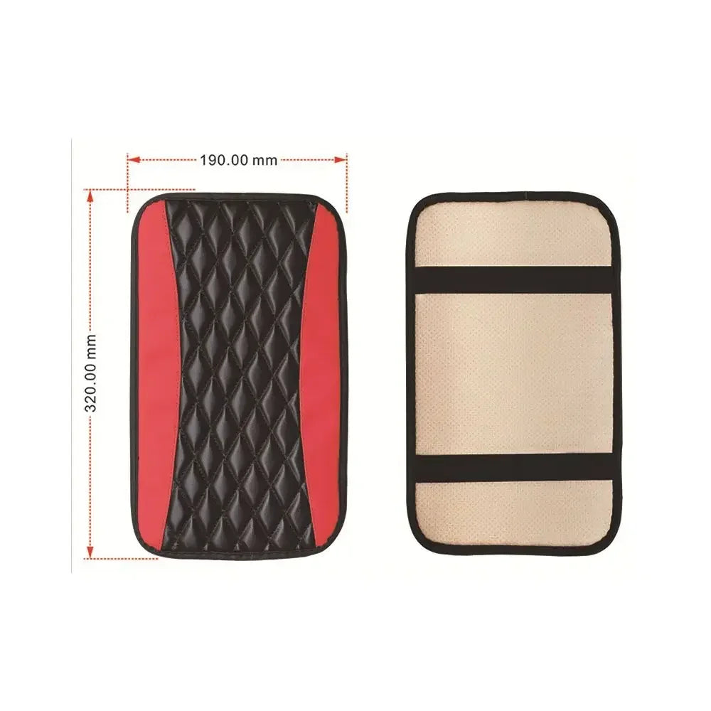 Black and red quilted car armrest protector pad with black accents