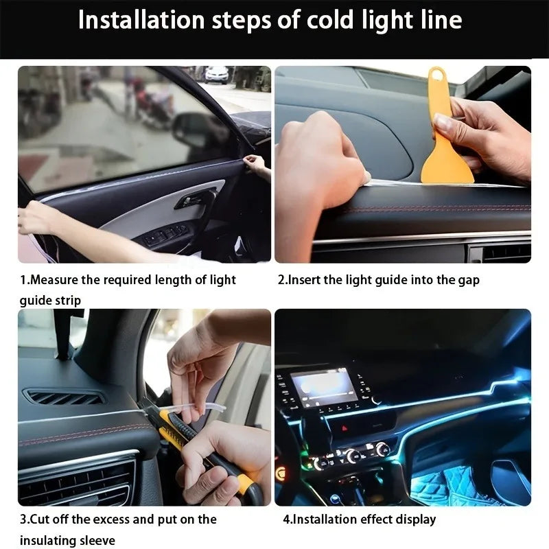 Installation steps showing how to install a cold light line in a car interior