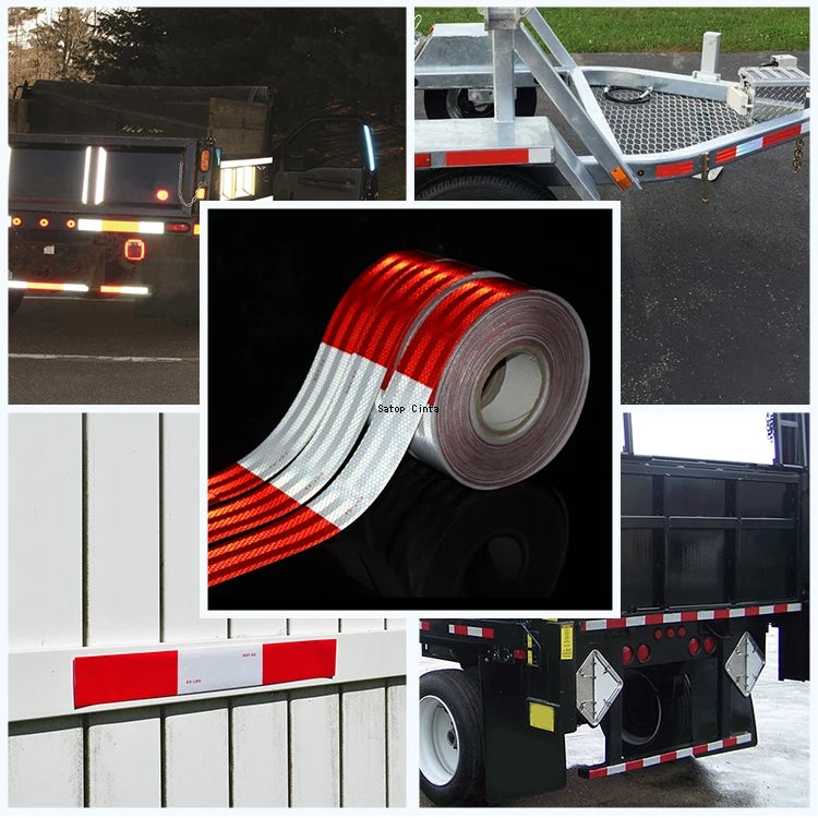 Rolls of high-visibility reflective safety tape shown in various contexts including a vehicle, a flatbed trailer, and packagi