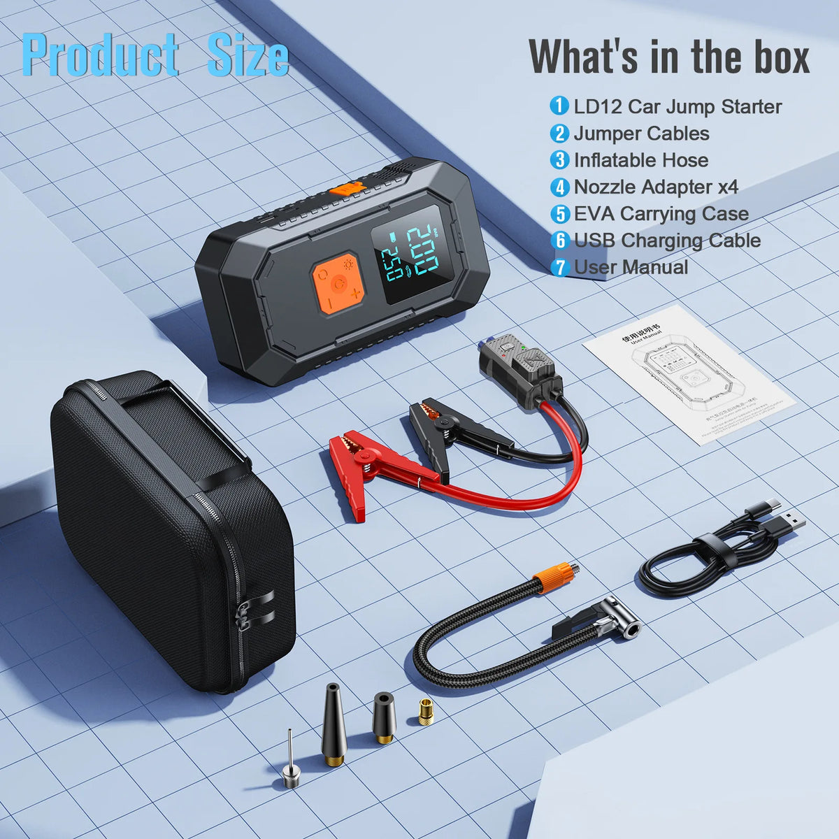 A portable car emergency air pump and related accessories are displayed on a grid background.