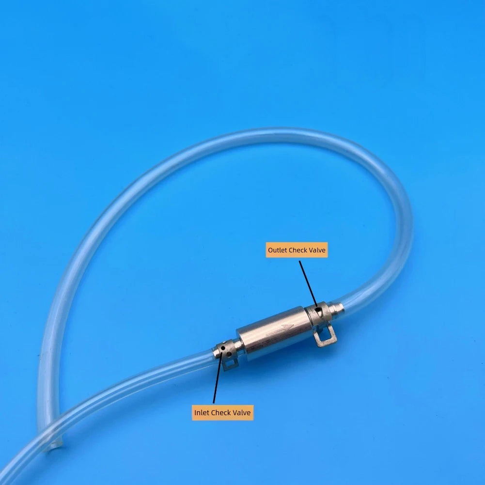 A clear silicone brake bleeder hose with inlet and outlet check valves is shown against a blue background.