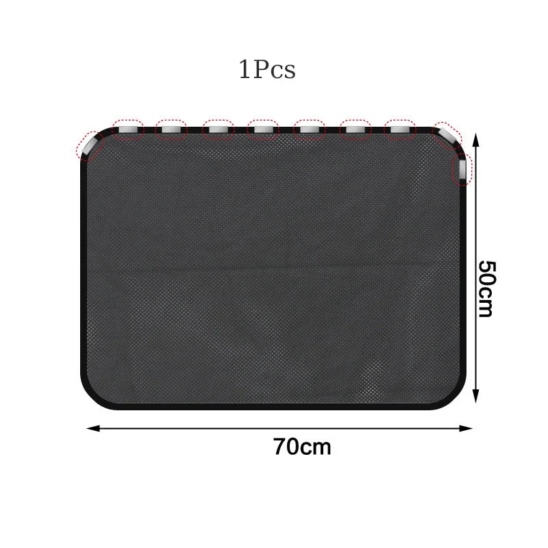 A black magnetic car window sunshade measuring 70cm by 50cm with a perforated texture.