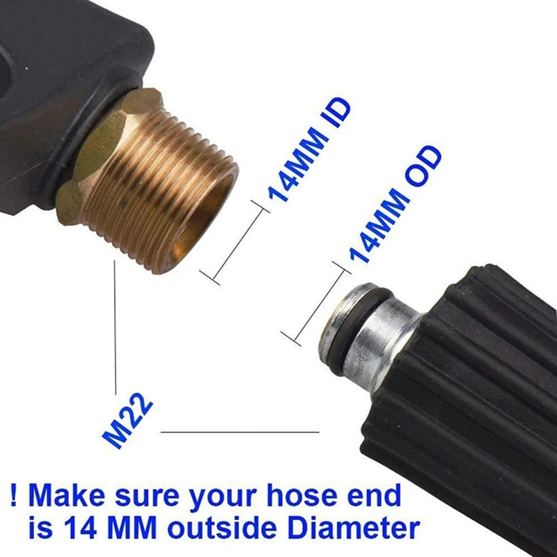 Close-up view of a high pressure washer gun fitting showing various size indicators like M22, 14MM ID, and 14MM OD.