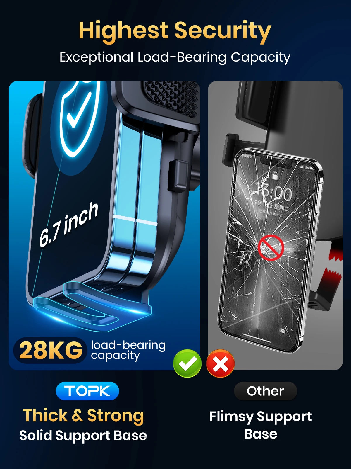 A black phone mount with a solid support base is shown next to a cracked smartphone, highlighting its high load-bearing capac