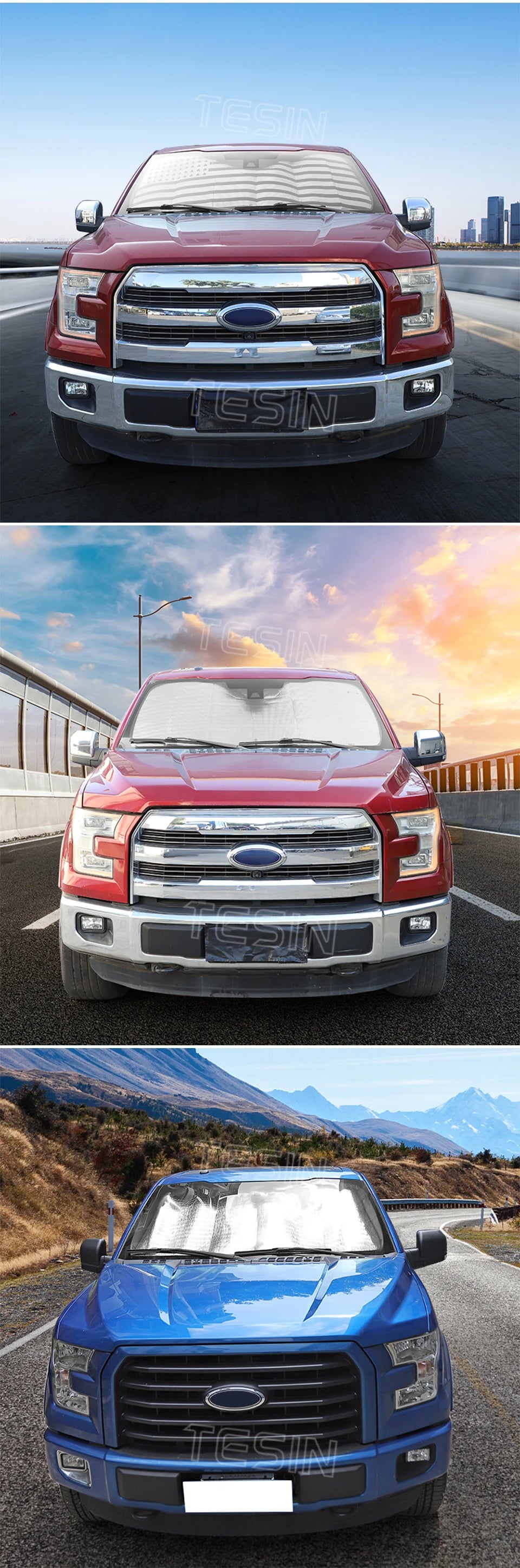 Close-up view of an aluminum foil windshield sunshade installed on a Ford F-150 truck.
