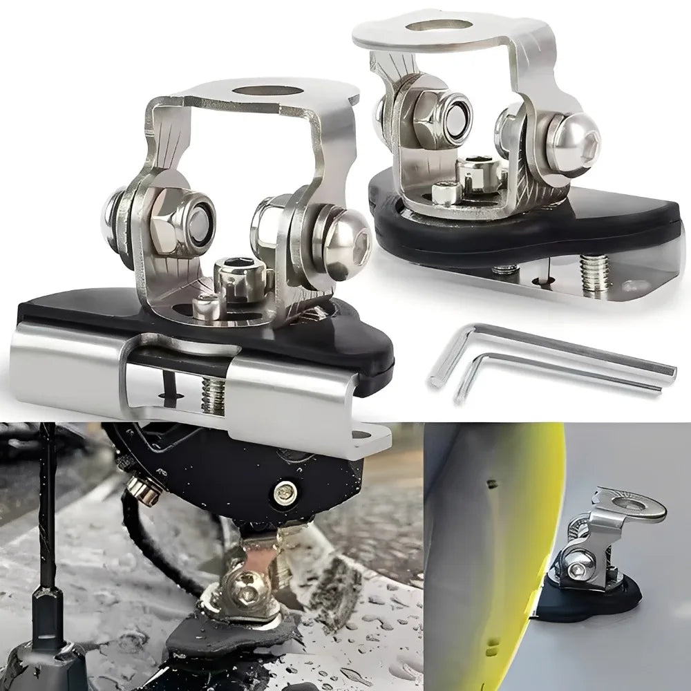 Support de montage pour une barre lumineuse LED sans perçage, montrant divers composants et vues d'installation.
