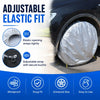 Adjustable elastic fit car tire storage covers shown protecting a tire under a car wheel.