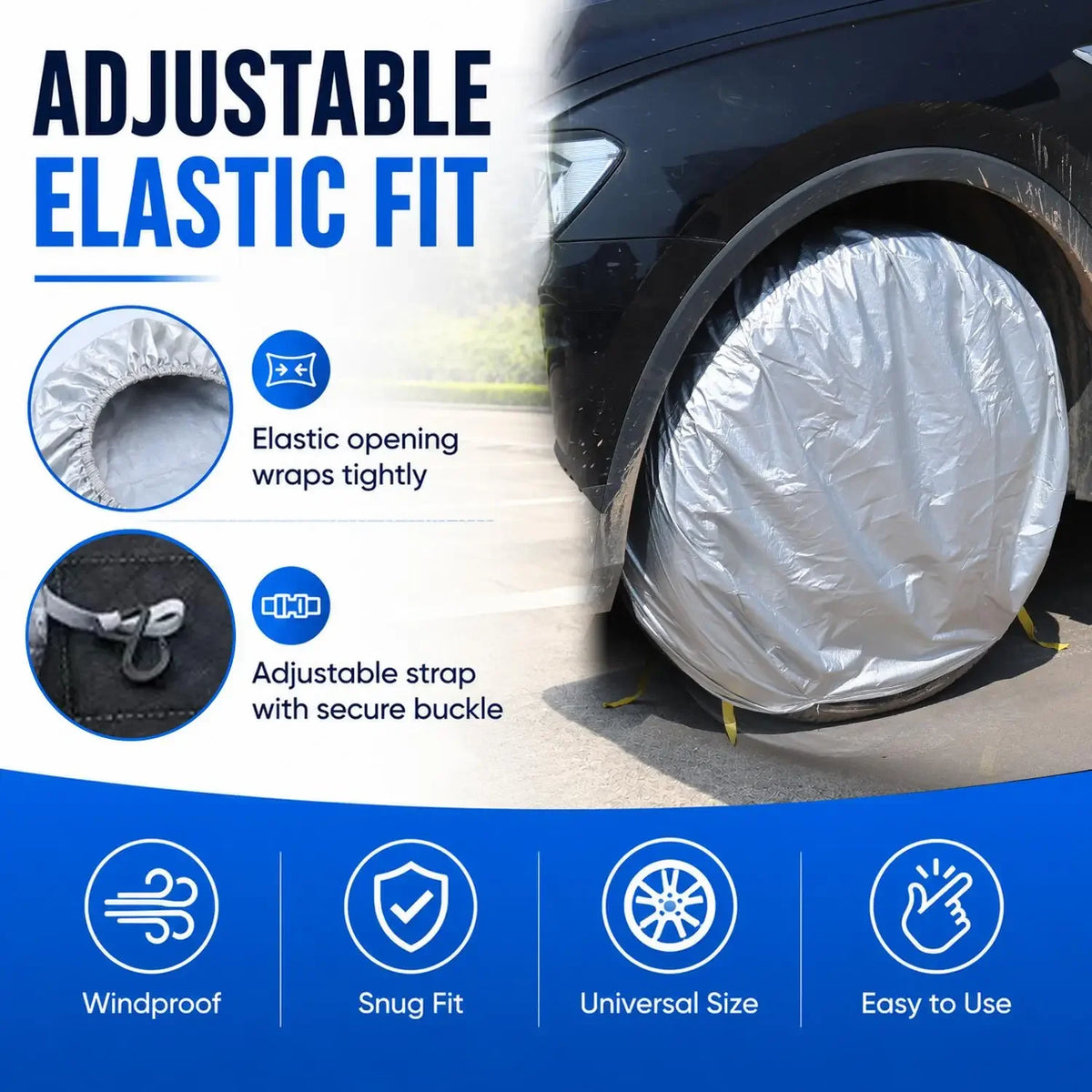 Adjustable elastic fit car tire storage covers shown protecting a tire under a car wheel.