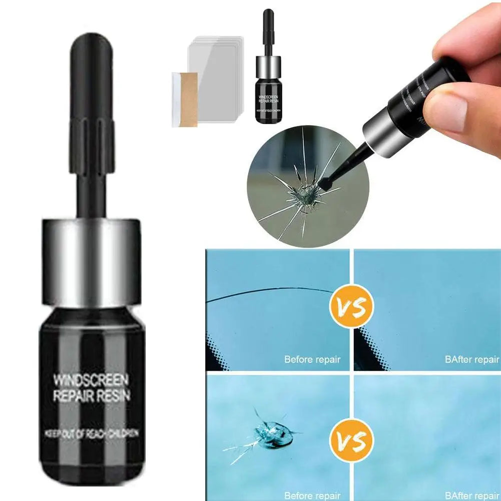 A kit for windshield repair showing a resin and a tool used to fix glass damage.