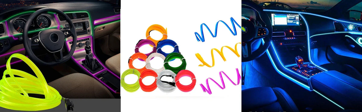 Collection de rubans de néon LED flexibles de différentes couleurs, dont jaune, orange, vert et rose, présentés à côté