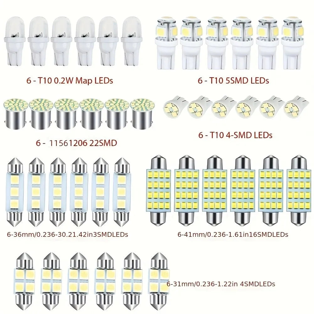Collection de kits d'éclairage intérieur automobile LED haute performance, incluant des LED de carte, SMD et 4SMD.