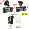 Appareil de caméra dual dashcam noir avec son chargeur de voiture et manuel d'utilisation.