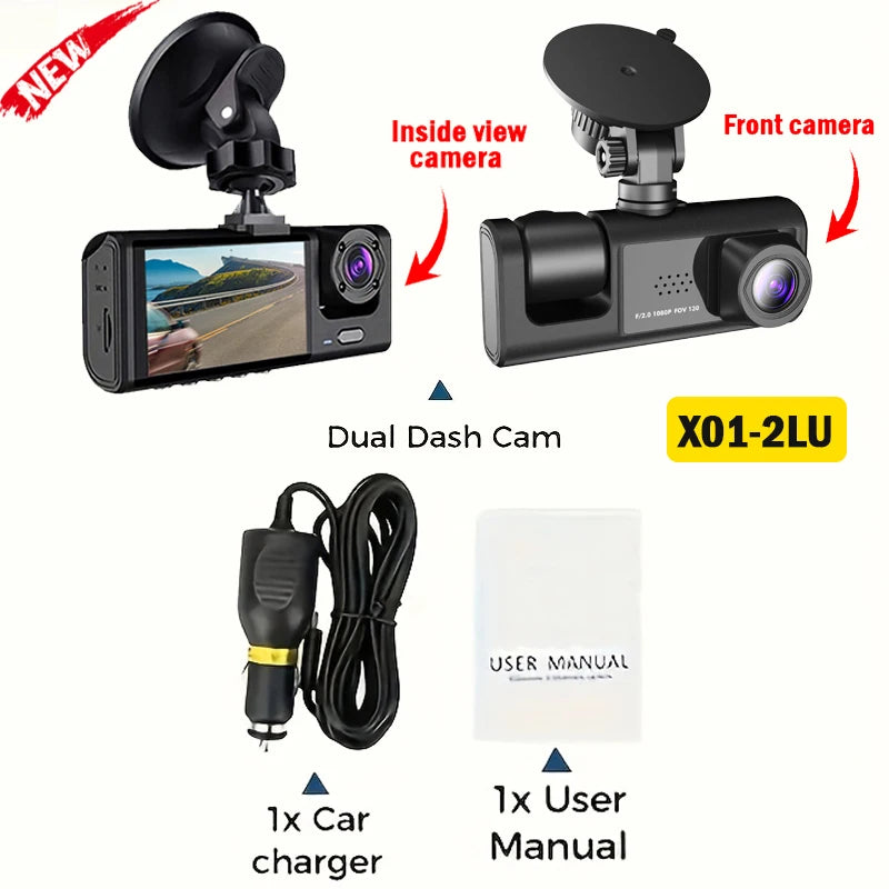 Appareil de caméra dual dashcam noir avec son chargeur de voiture et manuel d'utilisation.