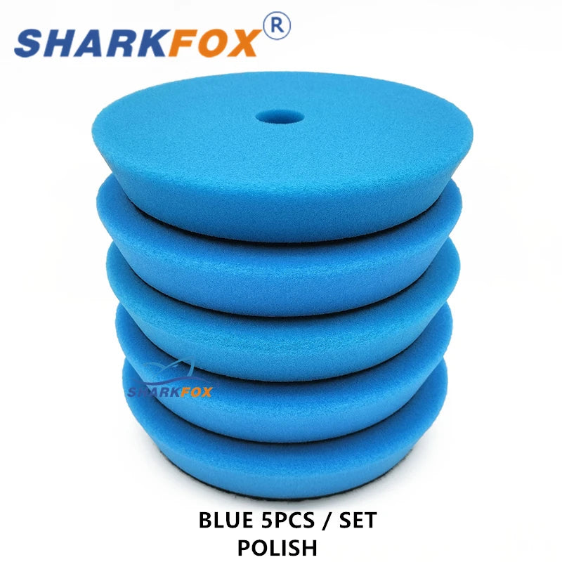 A set of five blue polishing sponge pads for car buffing