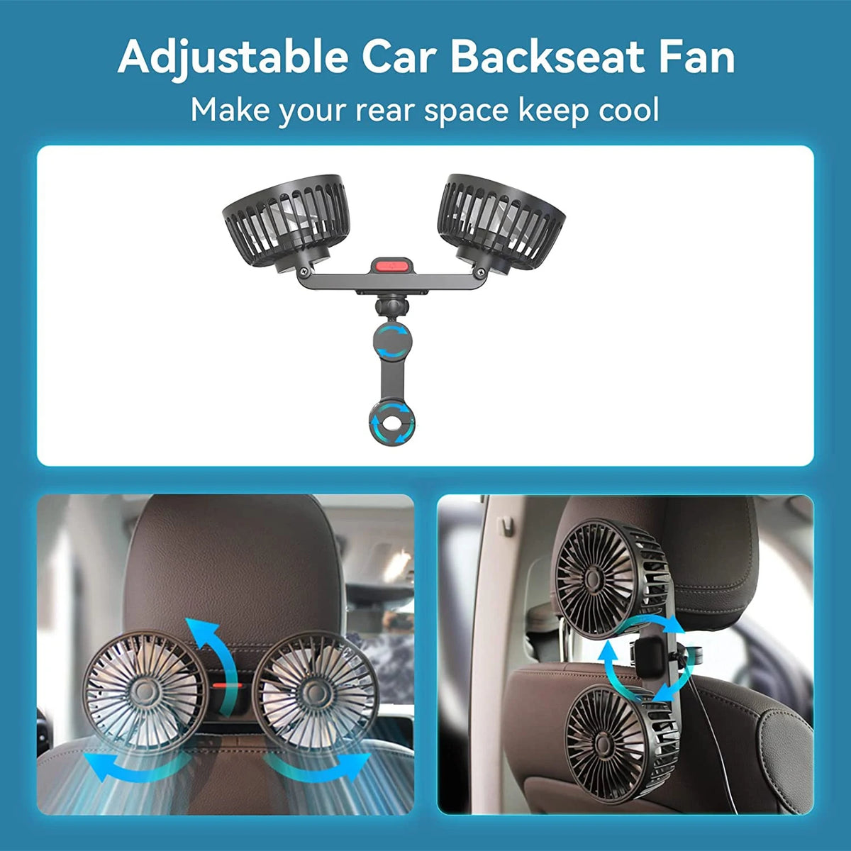Adjustable car backseat fan with adjustable blades shown in close-up on a car seat.
