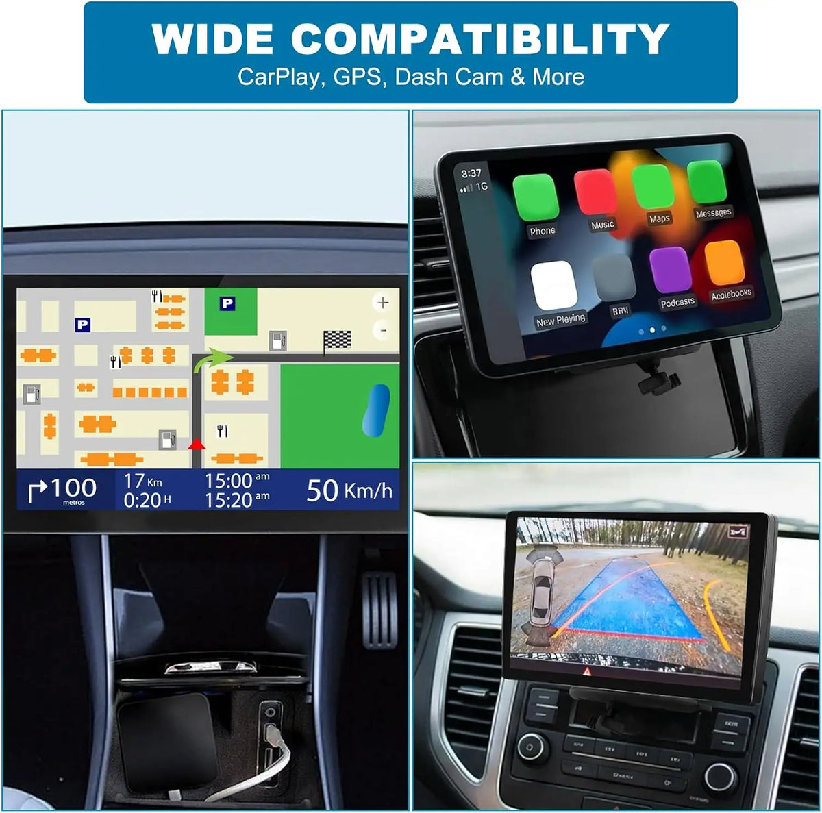 A digital display mounted in a car dashboard showing navigation and media options, designed for CarPlay screens and GPS units