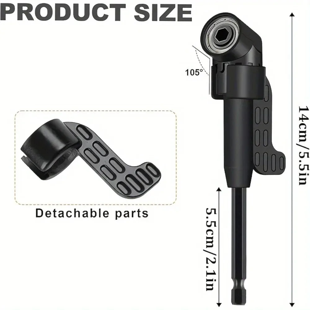 A black professional flexible drill bit extension set showing detachable parts and dimensions.